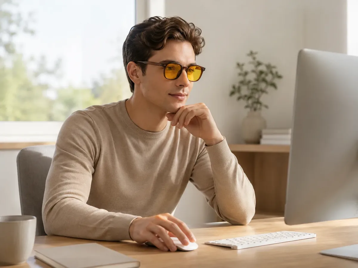 Bărbat concentrat la birou, purtând NEUROS Amber